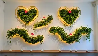 heart-shaped botanical wall decor with coffee cups