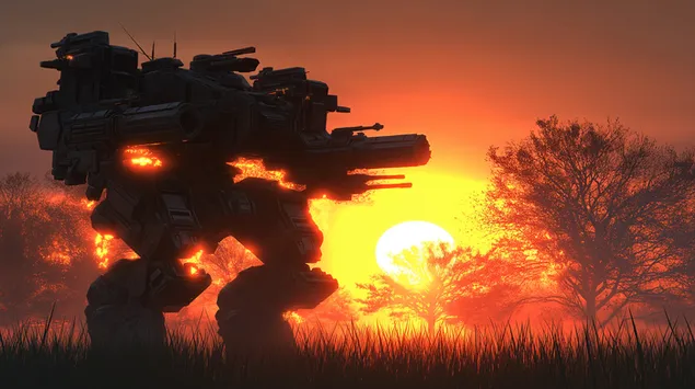 불타는 일몰과 나무들 사이로 무장한 화성 로봇 2K 배경화면
