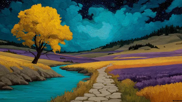 عمل فني لمناظر طبيعية ذات نسيج كثيف لشجرة وجدول ومسار 2K خلفية