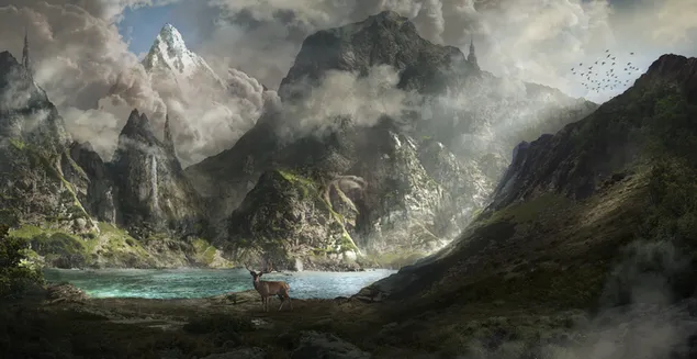 黒い灰色の雲の中の崖と山の中で湖の岸にいる鹿