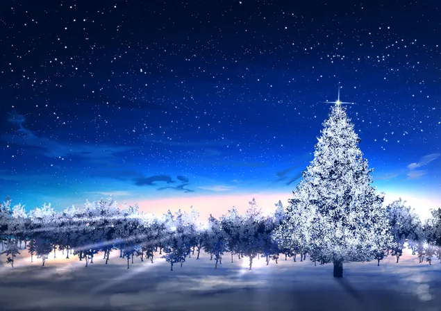 Helder verlicht anime-landschap dat door nachtsterren en besneeuwde bomen glijdt