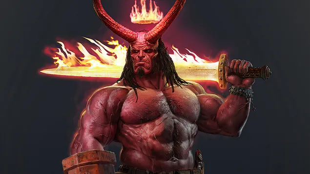 Hellboy usando espada ardiente