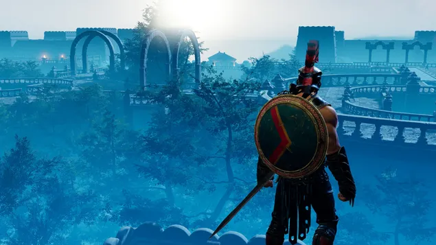 비디오 게임 Achilles: Legends Untold의 헬멧과 갑옷을 입은 캐릭터가 파란색 톤으로 그려진 구조물을 바라보고 있습니다. 6K 배경화면