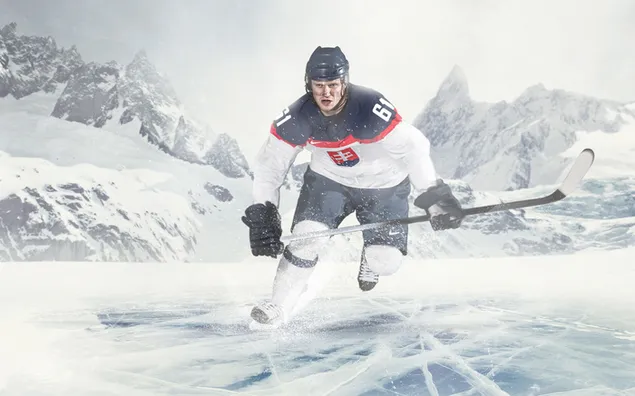 Behelmter Spieler in Eishockey-Wettkampfuniform zwischen schneebedeckten Klippen herunterladen