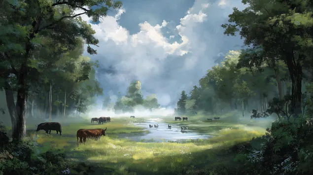 csorda legelesz egy nyugodt erdei tisztason vizparton letoltes