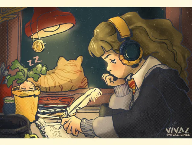Hermione estudiando mientras Crookshanks mira las estrellas. 2K fondo de pantalla