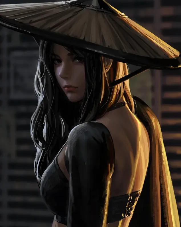 Hermosa mujer anime con cabello largo en vestido negro posando con sombrero de paja sobre fondo de contraste oscuro