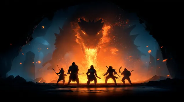 Avventurieri eroici affrontano il drago della caverna sputafuoco 2K sfondo