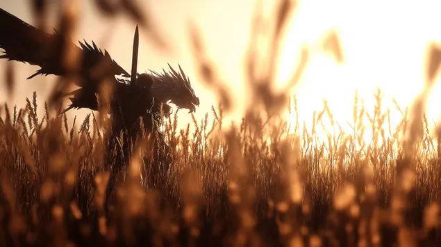 דמות הרואית ודרקון בשדה חיטה זהוב בשקיעה 2K טפט