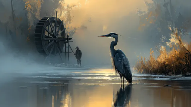 caplja v meglenih vodah z oddaljeno figuro in vodnim mlinom prenos