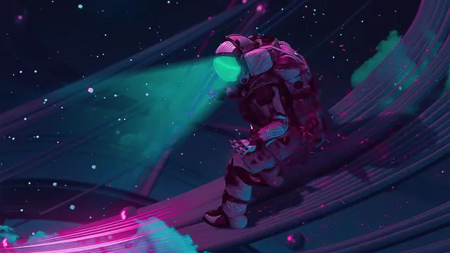 ヘルメットから緑色のネオンライトが光る宇宙飛行士