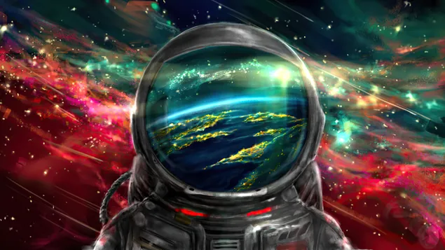 ヘルメットに映る地球像の宇宙飛行士