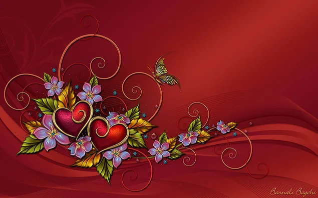 Herzen, Blumen und Schmetterling