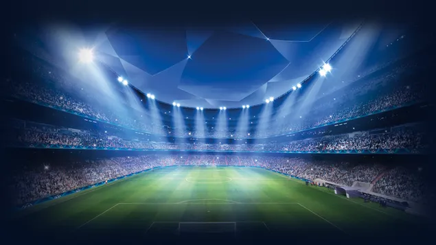 Het stadionbeeld van het internationale toernooi waar voetbalclubs in de eerste competities van de UEFA Champions League strijden