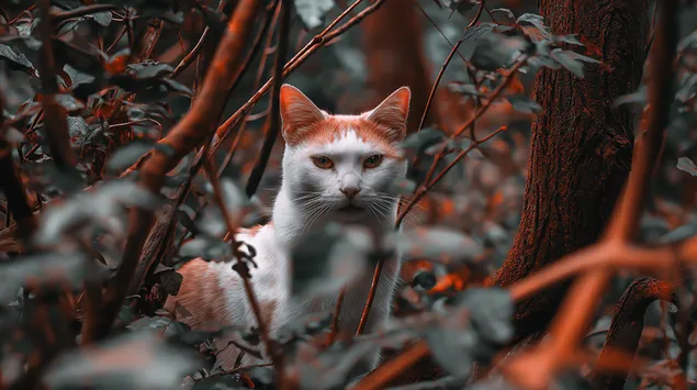 Gizli Bakış: Orman Yaprakları Arasında Bir Kedi 2K duvar kağıdı