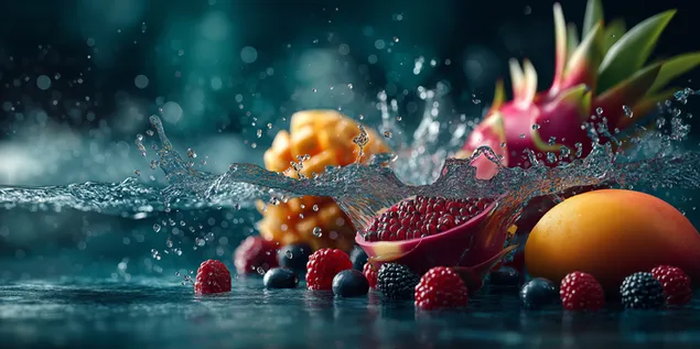 hoyhastighetsvannsprut over utstilling av diverse eksotiske frukter nedlasting