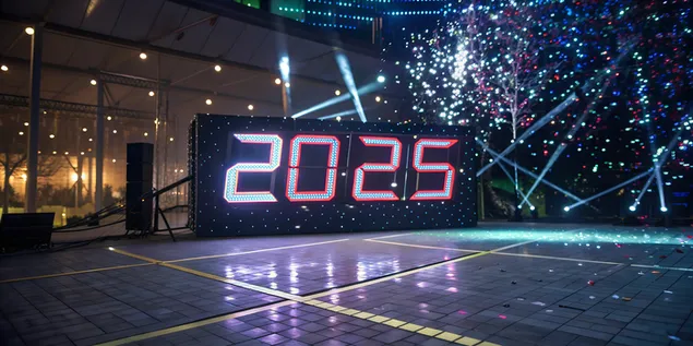 Digitaler Hightech-Countdown mit „2025“ und holografischen Elementen 4K Hintergrundbild