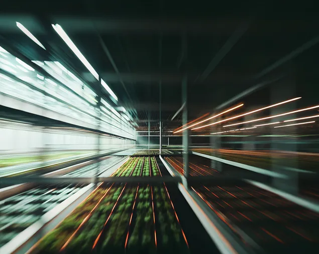 具有數位天空和全息數據疊加的高科技農場 4K 壁紙