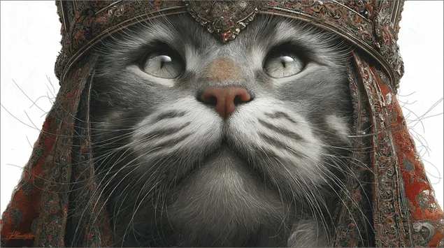 Веома детаљан крупни план величанствене мачке која носи круну 2K позадина