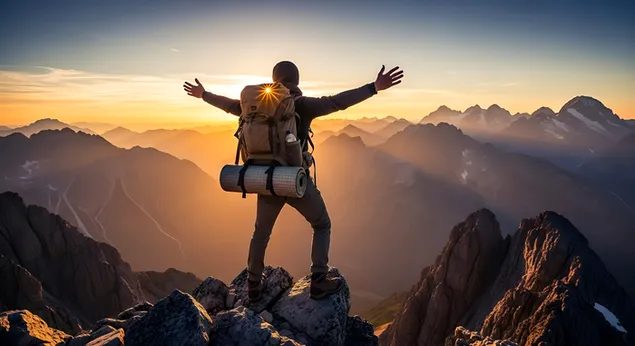 日出时分，登山者在山顶 | 壮丽的冒险景色 4K 壁纸
