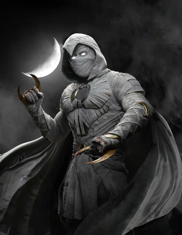 Hình ảnh áp phích tuần tự Moon Knight của anh hùng mặc đồ đen với nửa mặt trăng và nền sương mù tải xuống