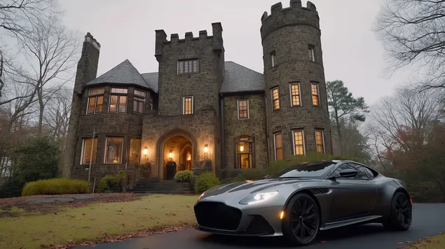 finca historica de pedra amb automobil modern d'alt rendiment baixada