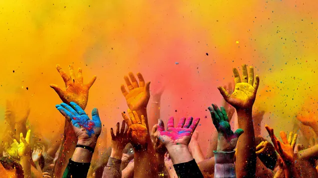 Holi-festival handen omhoog gericht met kleuren en overal is poederverf download