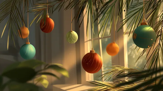 Vakansie-ornamente op 'n plant in sagte vensterlig 2K muurpapier