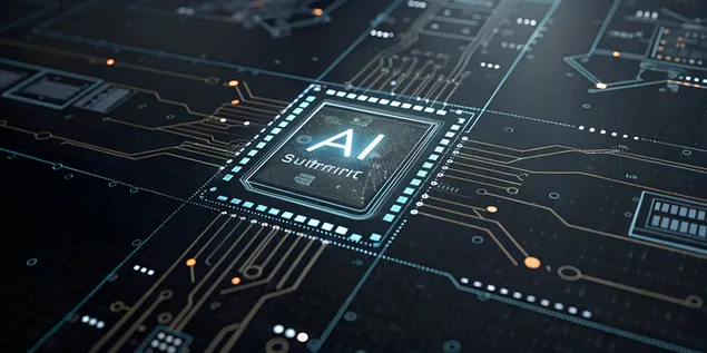 แผนผัง AI โฮโลแกรมพร้อมวงจรเชื่อมต่อและเส้นทางเรืองแสง 4K วอลเปเปอร์