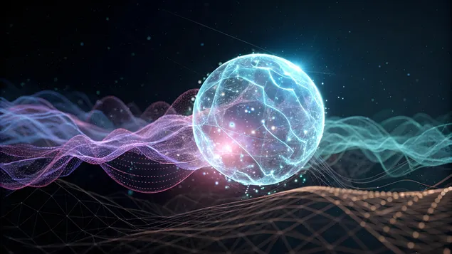 Núcleo de IA holográfico cercado por ondas de luz pastel dinâmicas e padrões geométricos 4K papel de parede