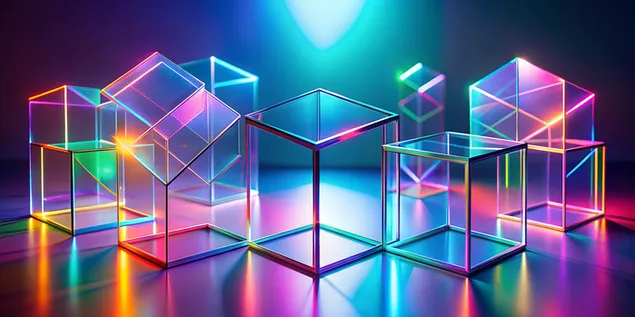cubi di vetro olografici con riflessi di luce al neon scarica