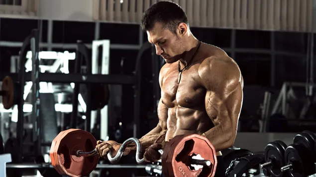 Hombre musculoso gimnasio trabajando levantando pesas