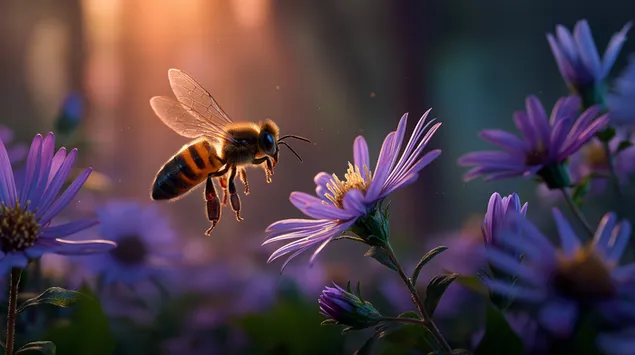 דבורת דבש מתקרבת לפריחה באור זהוב 2K טפט