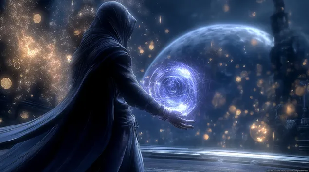 'n figuur met 'n kap wat kosmiese energie in 'n sterre-uitspansel oproep aflaai