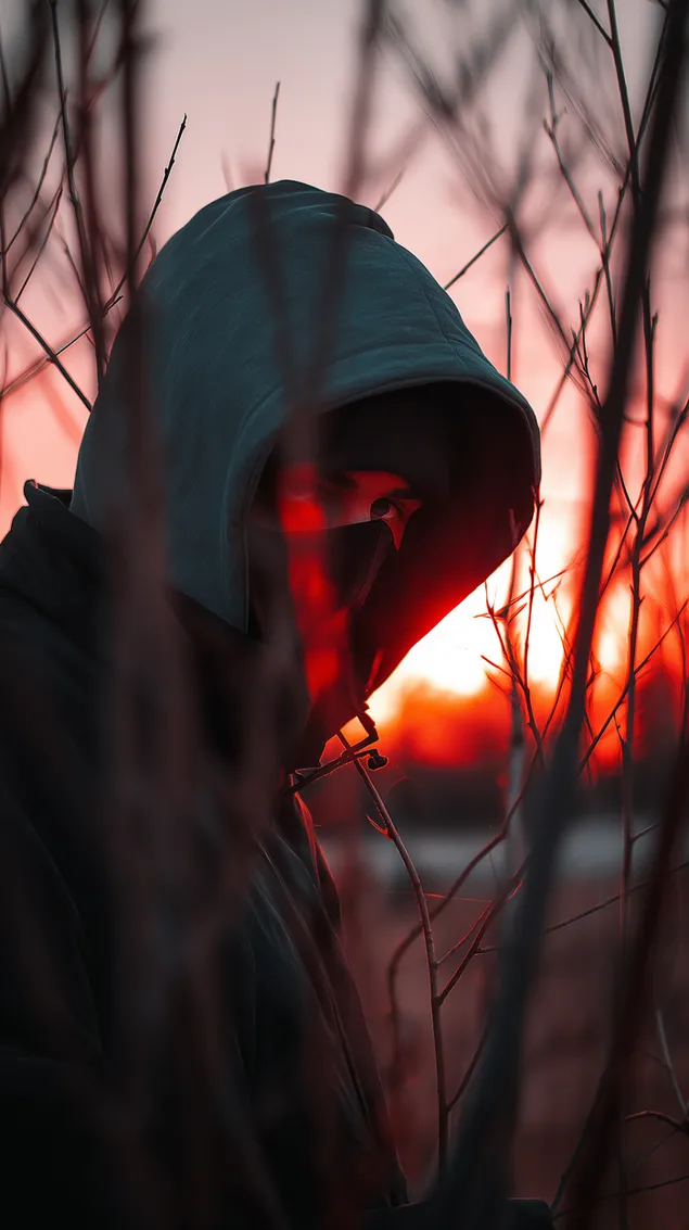 Силуета со качулка на зајдисонце - Енигматична фигура меѓу гранки HD тапет