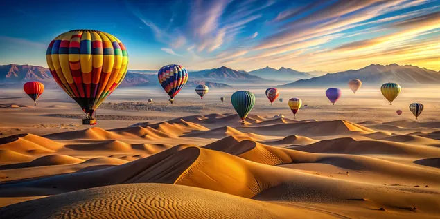 балони с горещ въздух, летящи над пустинята с планини на заден план 4K тапет