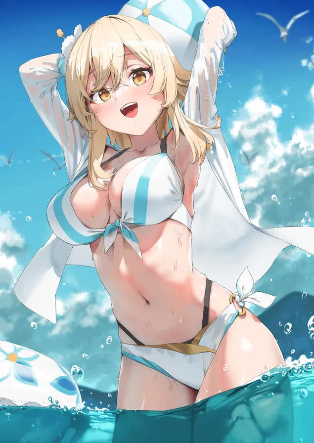 熱門動漫比基尼女孩 Lumine 在海灘歡樂 | 原神衝擊 2K 壁紙