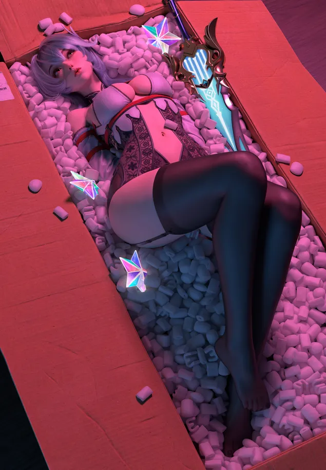 Жешка аниме кукла Шенхе на та кутија | Genshin Impact 4K тапет