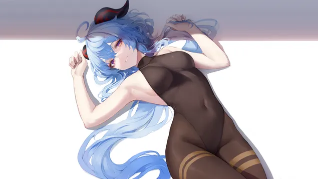 Горячая аниме девушка Ганью лежит на полу | Геншин Импакт 2K обои