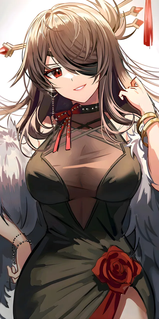 黑色連衣裙的熱動漫女孩| 甘信衝擊 2K 壁紙