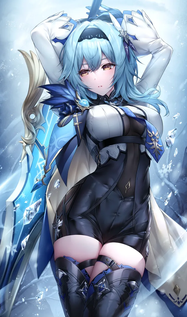 热动漫女孩短蓝色头发| Eula (Ganshin Impact) 2K 壁纸