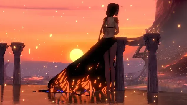 Chica anime caliente con un vestido sin espalda y viendo la puesta de sol 4K fondo de pantalla