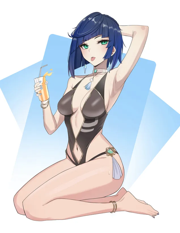 Vruća anime djevojka Yelan pije piće | Genshin Impact 2K pozadina