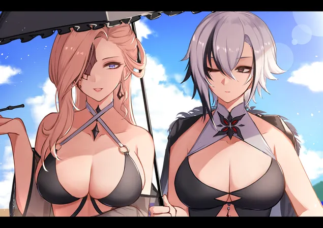 Hete anime-meisjes Arlecchino & La Signora | Genshin-effect 2K achtergrond