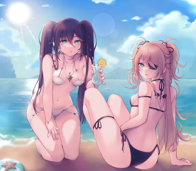 海灘上的熱動漫女孩| 甘信衝擊 4K 壁紙