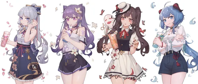 Горячие аниме девушки | Кецин, Ганью, Ху Тао и Камисато Аяка (Ganshin Impact) 8K обои