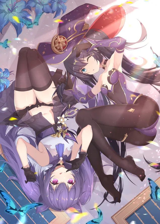 Garotas gostosas de anime Keqing & Mona juntas | Impacto de Ganshin HD papel de parede