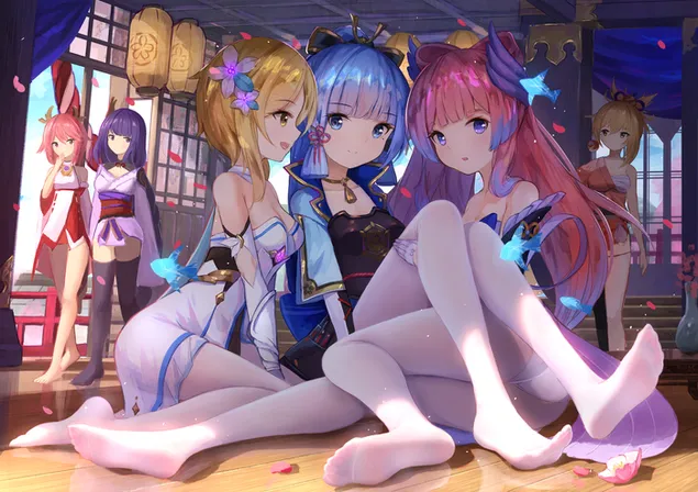 Hot anime girls sit together on floor | Genshin Impact  4K wallpaper