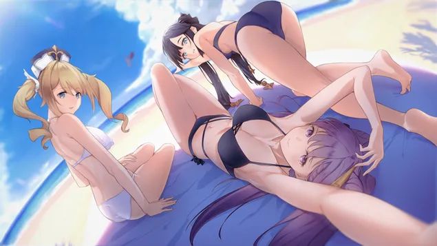 Những cô gái anime nóng bỏng tắm nắng trên bãi biển (Ganshin Impact) tải xuống