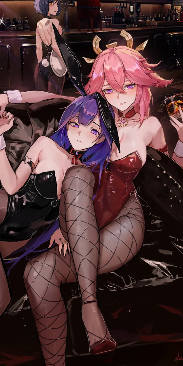 สาวบาร์สุดฮอต Yae Miko & Raiden Shogun | เก็นชิน อิมแพ็ค 2K วอลเปเปอร์